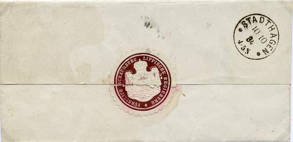 Brief der fÃ¼rstlichen Regierung in BÃ¼ckeburg. Papiersiegelmarke der „FÃ¼rstlich Schaumburg Lippischen Regierung“ (mittleres FÃ¼rstliches Staatswappen) als Briefverschluss.