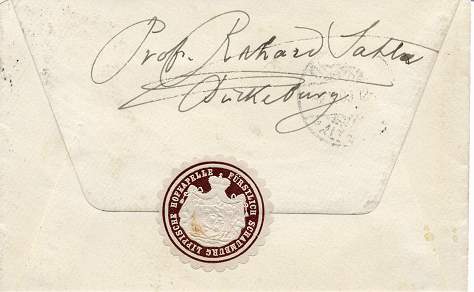 Brief von Professor Richard Sahler. Papiersiegelmarke der „FÃ¼rstlich Schaumburg Lippischen Hofkapelle“ (mittleres FÃ¼rstliches Staatswappen) als Briefverschluss.