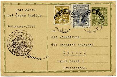Postkarte aus Ratibor (Czechoslowakei) der Haushofhaltung Sr. Hoheit des Prinzen Friedrich zu Schaumburg-Lippe.