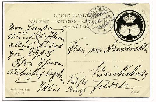 EigenhÃ¤ndig geschriebene Postkarte mit NeujahrsgrÃ¼ÃŸen fÃ¼r das Jahr 1908 der regierenden FÃ¼rstin Marie Anna an ihre Hofdame FrÃ¤ulein Else von Arnswald.