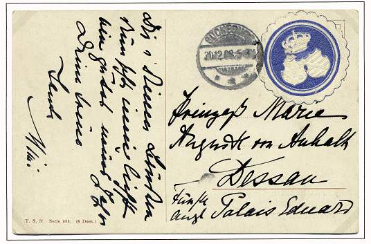EigenhÃ¤ndig geschriebene Postkarte mit NeujahrsgrÃ¼ÃŸen fÃ¼r das Jahr 1908 der regierenden FÃ¼rstin Marie Anna an ihre Hofdame FrÃ¤ulein Else von Arnswald.
