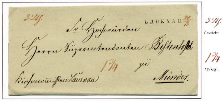 Franco-Brief (ohne „frei“-Vermerk) der Kirchencommission Lauenau vom 20. März an den Herrn Superintendenten Bestenbostel in Münder.