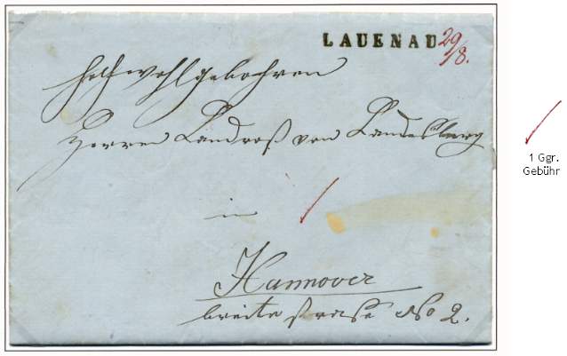 Standardbrief von Lauenau nach Hannover ohne Entfernungsbegrenzung im Königreich Hannover.