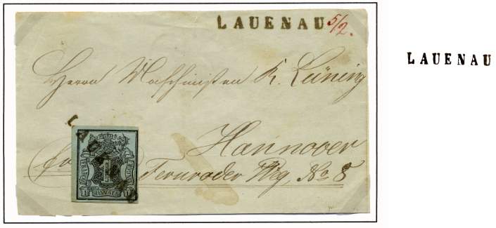 Frankierter Brief der 1. Gewichsstufe bis 1 Loth Gewicht nach Hannover mit einer 1 Gutegroschen-Freimarke frankiert.