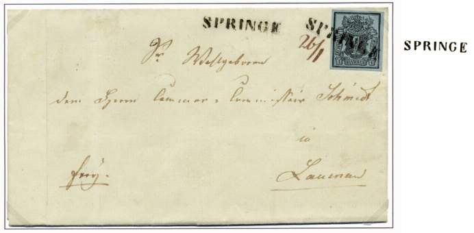 Frankierter Brief der 1. Gewichsstufe bis 1 Loth(ex.) Gewicht von Springe nach  Lauenau mit einer 1 Gutegroschen-Freimarke frankiert.