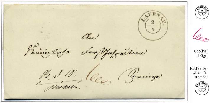 „K.D.S.“ (Königliche Dienstsache) / Unterschrift vom 3. April 1852 Taxiert mit „1 Ggr.“ 1 Gutegroschen nach Springe versendet.