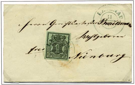1 Ggr. (schwarz a. hellgrünoliv – Aug. 1851) entwertet mit DKr. „LAUENAU“