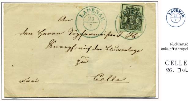 Portogerecht mit 1 Gutegroschen Inlandmarke 1 Ggr. (schwarz a. hellgrünoliv – Aug. 1851) nach Celle frankiert.
