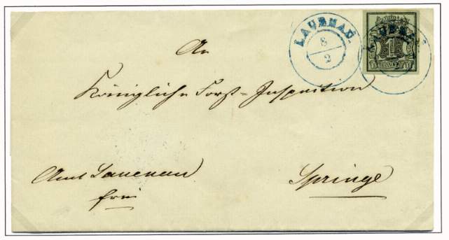 Portogerecht mit 1 Gutegroschen Inlandmarke 1 Ggr. (schwarz a. hellgrünoliv – Aug. 1851) nach Celle frankiert.
