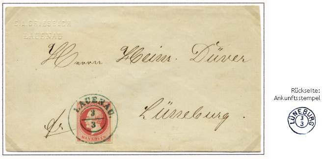 Standardbrief (Couvert) mit 1 Groschen (karmin der Ausg. 1859) als Inlandstandardbrief nach Lüneburg