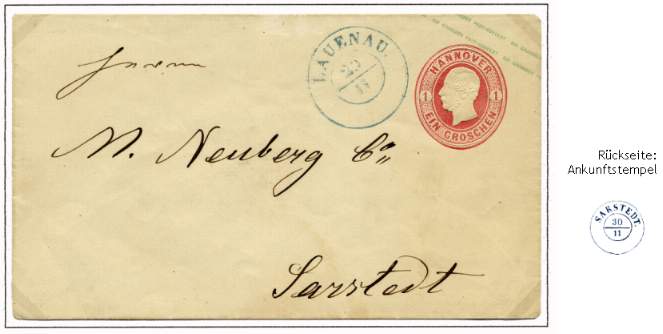 Ganzsache (1 Groschen - mattrosa der Ausg. 1861) als Inlandstandardbrief nach Sarstedt