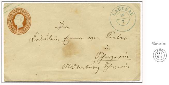 Ganzsachenumschlag (3 Groschen - orangegelb der Ausg. 1859) als Auslandsbrief innerhalb des DÖPV (Entfernungsstufe über 20 Meilen) nach Schwerin