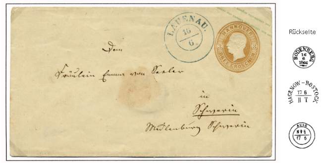 Ganzsachenumschlag (3 Groschen - braun der Ausg. 1859) als Auslandsbrief innerhalb des DÖPV (Entfernungsstufe über 20 Meilen) nach Schwerin