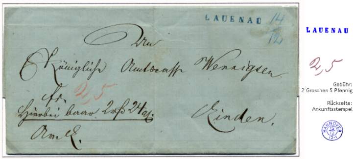 Wertbrief des Amtes Lauenau (14. Dezember 1861) nach Linden mit der Fahrpost befördert.