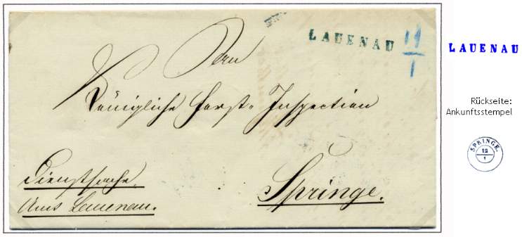 Portofreie Dienstsache des Amtes Lauenau vom 11. Januar 1856 mit der Fahrpost nach Springe befördert.
