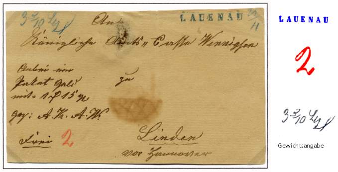 Franco-Adress-Brief für eine Fahrpostsendung (Paketbegleitbrief) des Gerichtsvogts aus Lauenau
