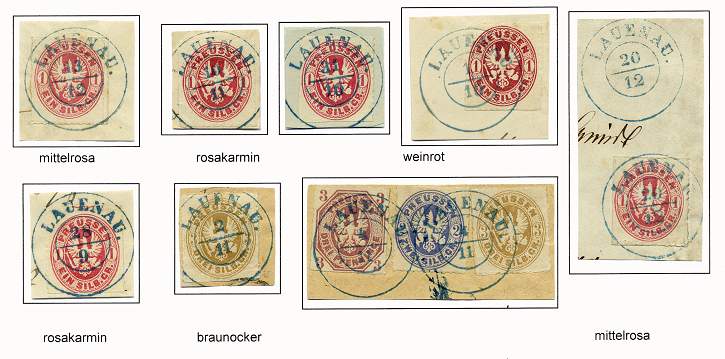 1 Sgr. (Farbvarianten: mittelrosa bis karmin und weinrot) der Ausgabe Preußischer Adler im Oval von 1861 und 3 Sgr. (braunocker) der Ausgabe Preußischer Adler im Oval von 1862.