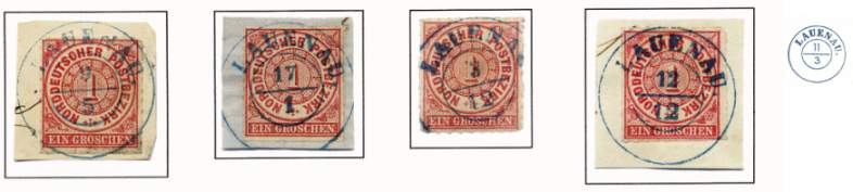 Freimarke 1 Groschen (hellkarmin – durchstochen) der Ausgabe 1868 entwertet mit Ortsaufgabestempel