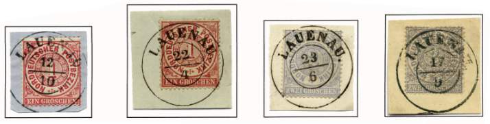 Freimarke 1 Groschen und 2 Groschen der Ausgabe 1869 entwertet mit Ortsaufgabestempel: DKr. „LAUENAU“.