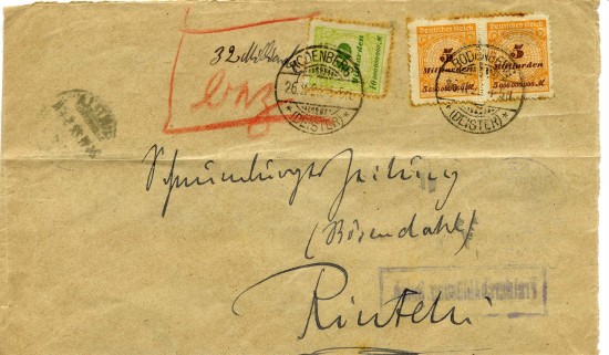 Handschriftlicher Vermerk über die entrichtete Gebühr zur Zeit der Hochinflation 1923.