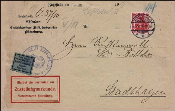 Fernbrief mit Zustellungsurkunde aus Bückeburg nach Stadthagen vom 4. September 1916