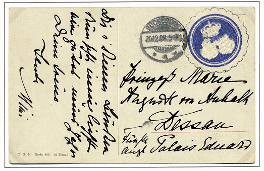 Eigenhändig geschriebene Postkarte mit Neujahrsgrüßen für das Jahr 1909