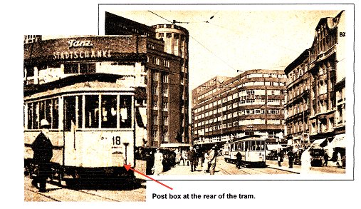 The postcard shows the tram line 18 in the square “Gänsemarkt”.
