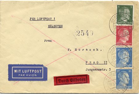 Foreign express letter (“Eilbrief - Auslandsbrief”) posted to Prague in Bohemia and Movaria on 28. May 1942