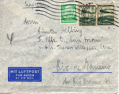 Foreign letter (“Auslandsbrief”) posted to Rio de Janeiro / Brasil on 11. December 1937